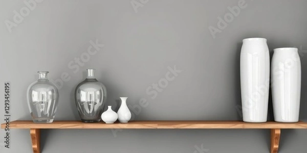 Fototapeta Wooden shelf with mercury glass vases and decorative items, decoration, eclectic mix, layered look