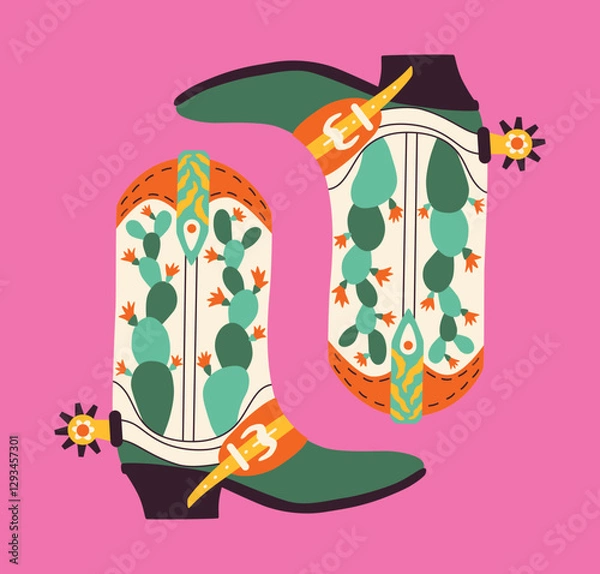 Fototapeta Cowboy boots on pink background. Quirky card in western stile. Hand drawn vector illustration for banner, print, t shirt.