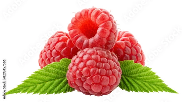 Fototapeta Fresh, vibrant red raspberries with bright green leaves isolated on white background. Suitable for marketing or business purposes. PNG file