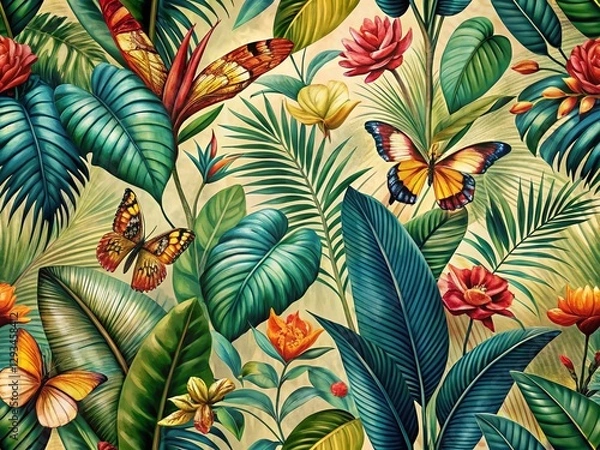 Fototapeta Vintage Tropical Palm Leaf Wallpaper with Butterflies & Plants - High-Resolution Stock Photo