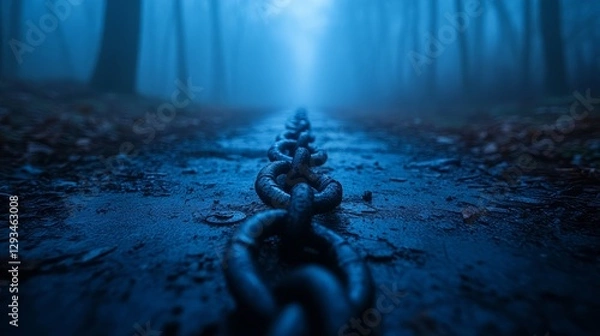 Fototapeta A long metal chain lies on a damp path in a fog-laden forest, evoking intrigue