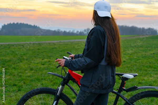 Fototapeta girl on a bicycle against the sky