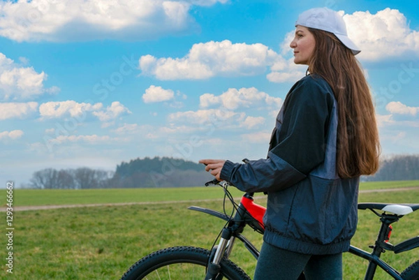 Fototapeta girl on a bicycle against the sky