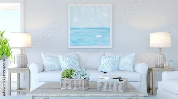 Fototapeta Modern Coastal Living Room, bright hues, airy fabrics, ocean-themed decor, spacious layout, inviting atmosphere, designed for relaxation and tranquility by the sea