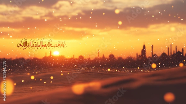 Obraz Golden Sunset Cityscape Peaceful Arabian Desert Landscape Warm Orange Hues Spiritual Calm Serene Atmosphere Beautiful Dusk City Silhouette Sparkling Lights Bokeh Effect Digital Art High Resolution    