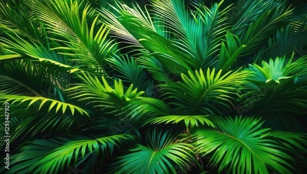 Fototapeta Lush green palm leaves creating a vibrant tropical foliage background rich in texture and natural beauty for design use.