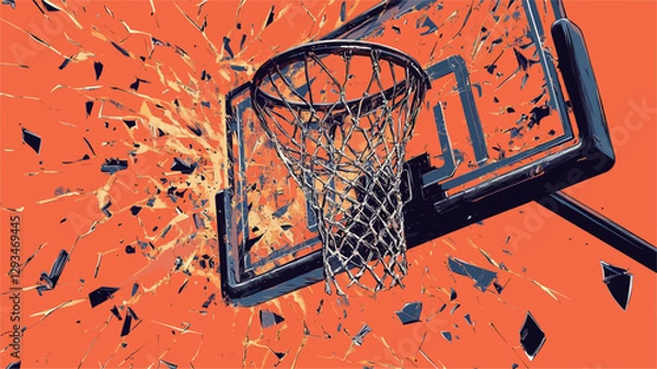 Obraz A digital illustration depicting a basketball hoop with the backboard and surrounding area shattered into numerous fragments.  The fragments are depicted in shades of orange and dark blue,