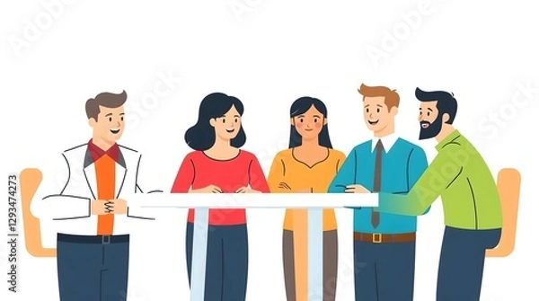 Fototapeta Colorful Cartoon-Style Illustration of Five Diverse Individuals Around a Rectangular Table, Engaged in Conversation with Distinct Attire