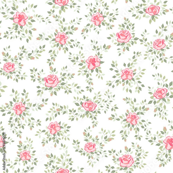 Fototapeta Vector illustration. Seamless pattern of delicate pink roses on a white background, blooming flowers. Cottagecore pattern. Printing on textiles, for packaging, fabric design, sublimation printing