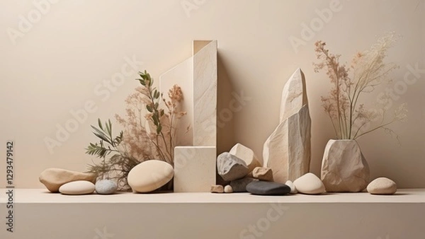 Obraz 1. "Serene Nature Composition: Stones and Dry Flowers on a Neutral Beige Background for Beauty Branding"