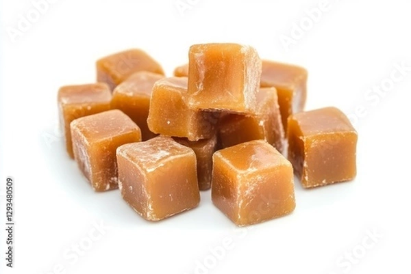 Fototapeta Caramel candy cubes on solid white background. Neural network AI generated