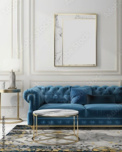 Fototapeta A luxurious living room with a blue velvet sofa. a marble coffee table. a gold-framed picture. and a patterned rug