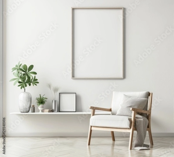 Fototapeta A cozy living room with a comfortable armchair. a wooden shelf. and a large empty frame on the wall