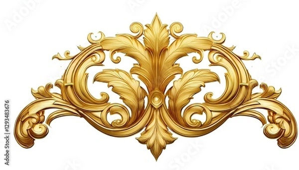 Fototapeta Golden decorative element, Ornate Gold Decorative Element on White Background, Antique Gold Carved Decorative Element in Baroque Style