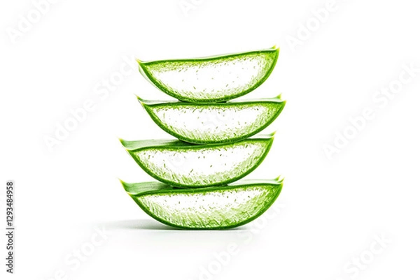 Obraz Fresh Aloe Vera Slices Stacked on a White Background, Natural Herbal Remedy for Skincare and Beauty. Generative AI Illustration