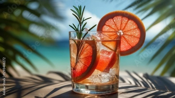 Fototapeta Refreshing cocktail with citrus slices at a tropical beach in bright sunlight