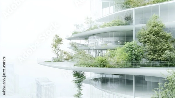 Fototapeta Eco-friendly skyscraper terrace, city view, sustainable design, architecture rendering