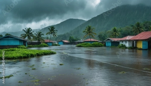 Fototapeta Tropical Island Landscape During Rainy Day with Reflection in Water and Lush Greenery Ideal for Nature and Travel Themes