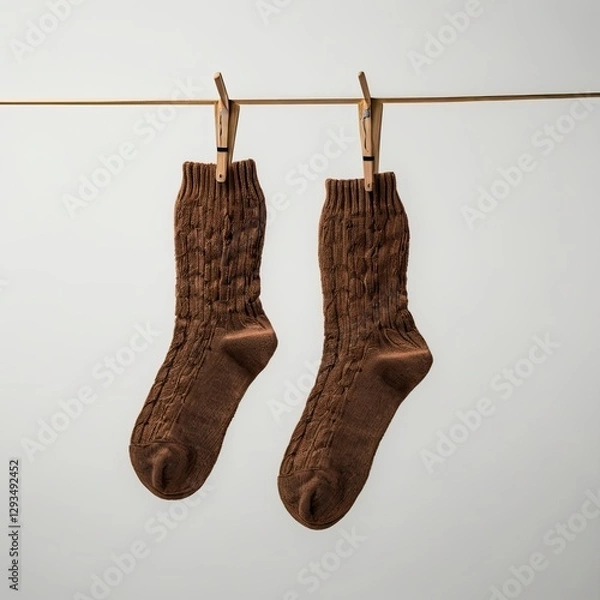 Fototapeta two brown socks hanging on a nail isolated on a white background