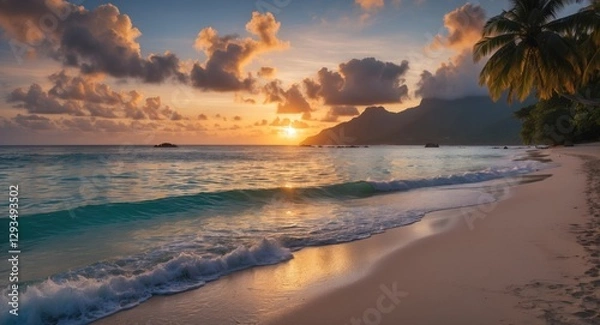 Fototapeta Seychelles Tropical Beach Sunset with Gentle Waves and Palm Trees in a Serene Nature Setting