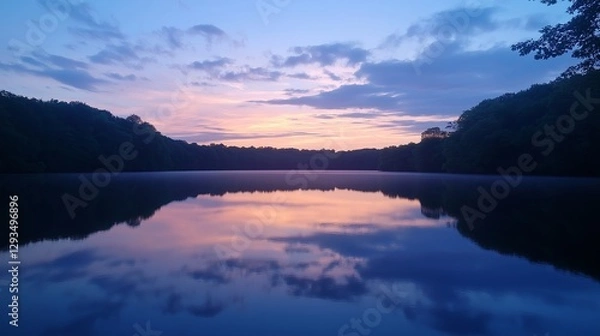 Fototapeta A still lake with a perfectly mirrored sky at twilight