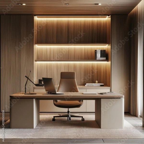 Fototapeta A modern wooden desk with a comfortable executive chair