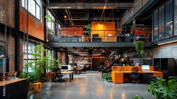 Obraz Urban Industrial Office, a contemporary workspace featuring exposed brick walls, sleek metal accents, and a functional layout, creating an edgy and inspiring environment.
