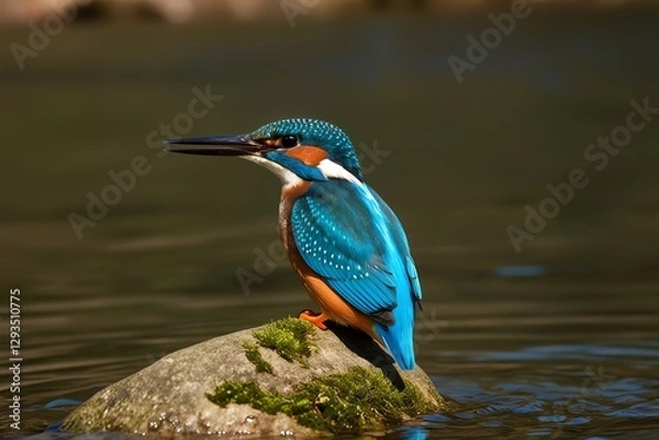 Fototapeta A dazzling azure kingfisher sits on a mossy rock by the riverbank, its electric-blue feathers gleaming under the sun.