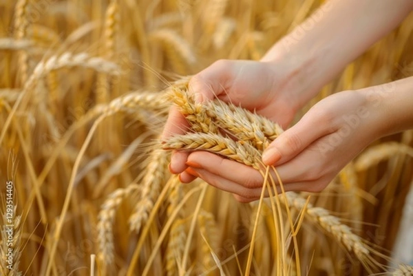 Fototapeta A close-up shot of a girl holding ears of ripe wheat in her hands. Neural network ai generated
