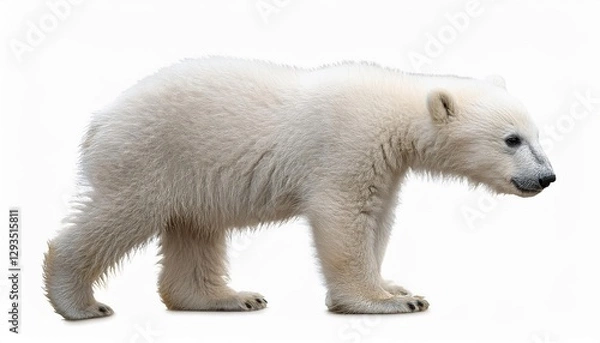 Obraz Polar Bear Cub Standing Isolated on White Background, Freestanding in Arctic Winter Wonderland, Radiating Innocence and Tranquility.