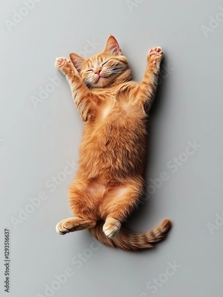 Fototapeta Adorable Orange Kitten Relaxing Flat on Its Back Smiling Peacefully