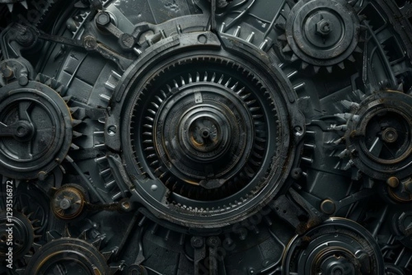 Obraz Large system of metal engine gears wheels in connection. Neural network ai generated