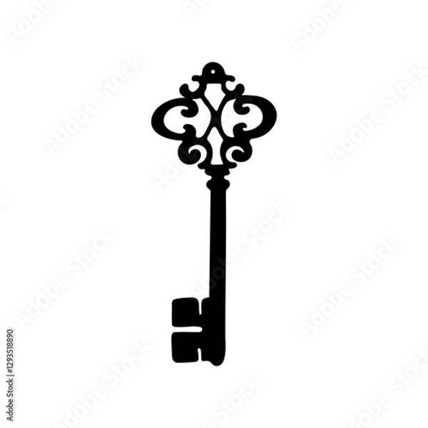 Obraz Antique hand-drawn key design. Vintage lock icon. Isolated black key silhouette 