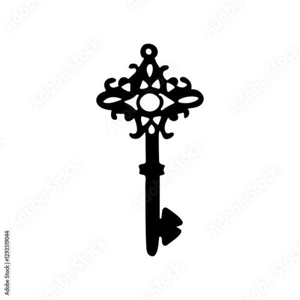 Obraz Antique hand-drawn key design. Vintage lock icon. Isolated black key silhouette 