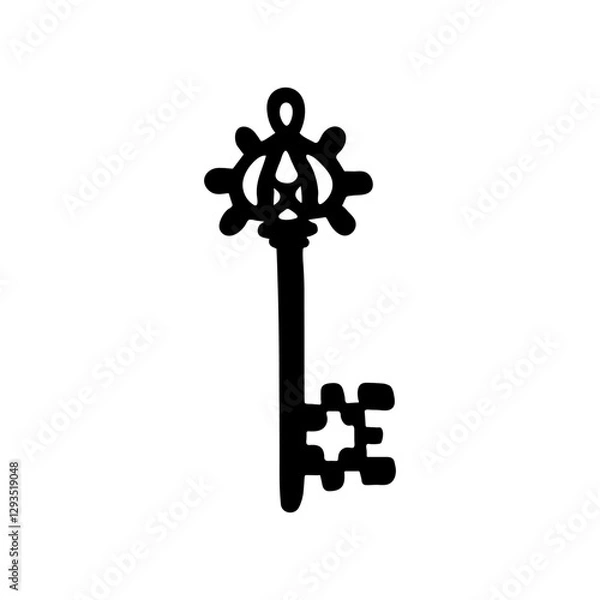 Obraz Antique hand-drawn key design. Vintage lock icon. Isolated black key silhouette 