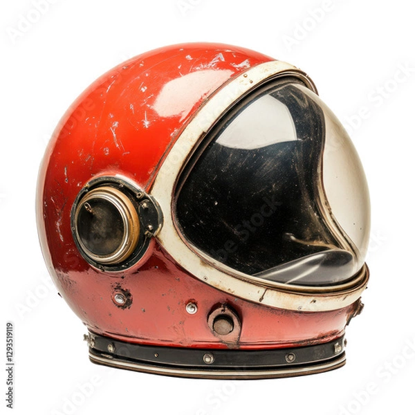 Fototapeta An old, worn-out red space helmet with a scratched visor and metallic details, showcasing a retro astronaut design, isolated on a transparent background.  
