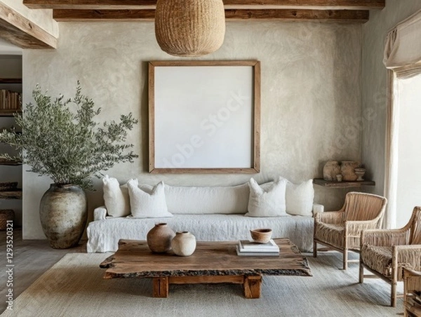 Fototapeta A living room with a white couch, a coffee table, and a few chairs. A vase with a plant on the table and a bowl on the floor