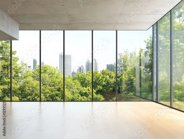 Fototapeta A large room with a view of a city and trees. The room is empty and has a lot of windows