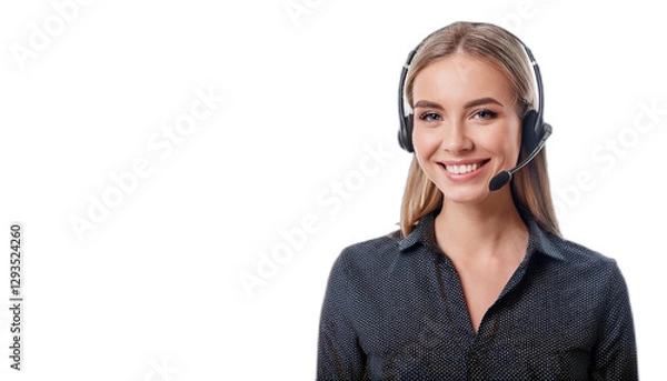Fototapeta Smiling call center operator with headset looking straight ahead