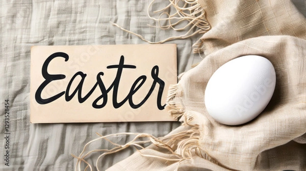 Obraz Rustic Easter Decor with White Egg and Handwritten Sign on Fabric