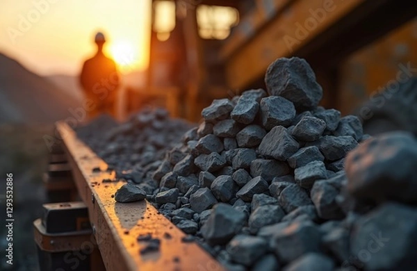 Fototapeta Ore rocks on conveyor belt for mineral resource exploration, extraction. Mining industry worker inspects stones. Excavation equipment at mine in Australia. Industrial machinery transports minerals,