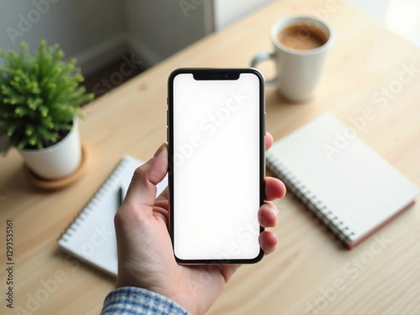 Fototapeta Hand Holding Smartphone with Blank White Screen on Office Desk