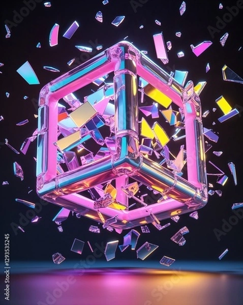 Obraz Dynamic array of vibrant 3D geometric shapes suspended in space, surrounded by shimmering shards. The vivid colors create an engaging visual experience in a dark environment