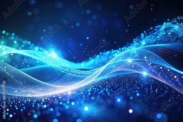 Fototapeta Blue Digital Particle Wave, Abstract Cyberspace Background, Modern Tech, Innovation, AI Art, Dynamic Flow