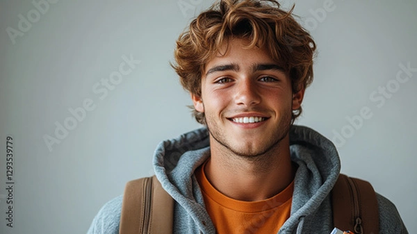 Fototapeta A carefree young man with a radiant smile, embracing a new chapter, against a soft neutral backdrop.