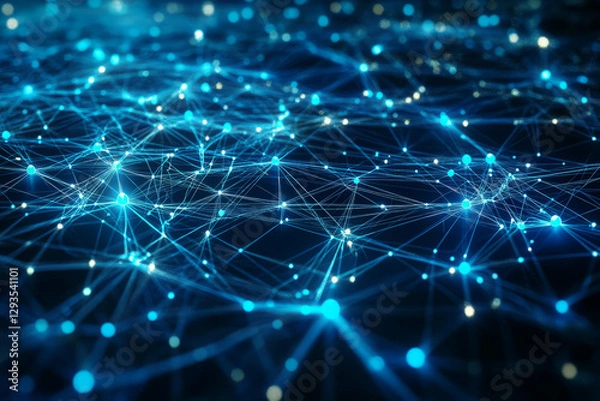 Fototapeta A high-tech data network forming a vast glowing web of interconnected nodes, pulsating cyber circuits, and electric-blue neon pathways. The futuristic sci-fi background represents AI communication,