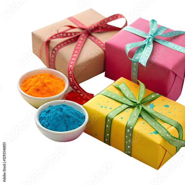 Obraz Wrapped gift boxes in vibrant Holi festival colors with festive ribbons, isolated on a white background.
