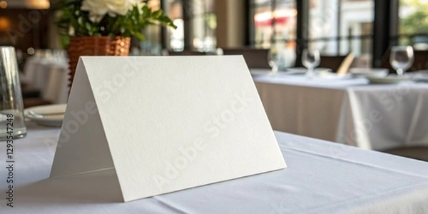 Fototapeta A white card is sitting on a table in a restaurant. The card is folded in half and has a blank space on it. The table is set with a vase, wine glasses, and a bowl