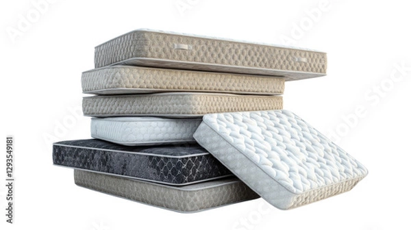 Fototapeta Multiple stacked mattresses displaying various colors and textures in a well-lit indoor setting during daytime