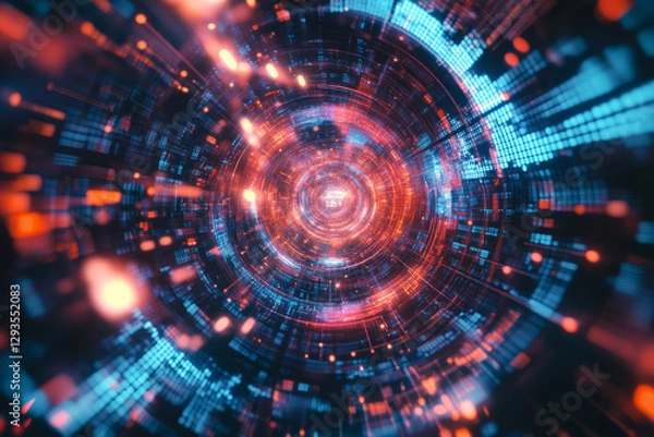 Fototapeta A mesmerizing futuristic AI-generated fractal, composed of swirling holographic digital data clusters, glowing cybernetic connections, and pulsating quantum energy waves. The high-tech background